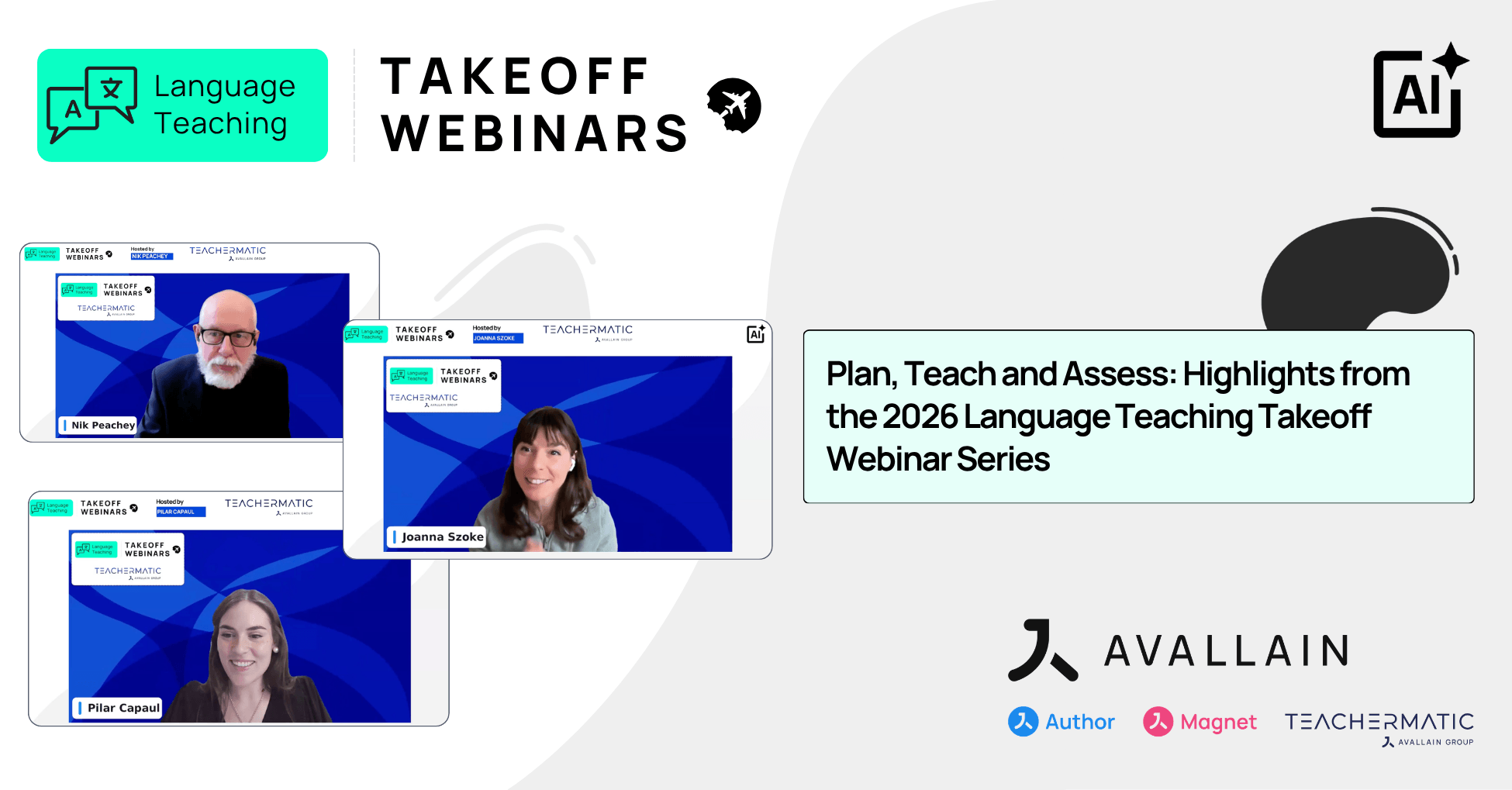 Featured image with blog title 'Plan, Teach and Assess Highlights from the 2026 Language Teaching Takeoff Webinar Series' and images of each host during a webinar.